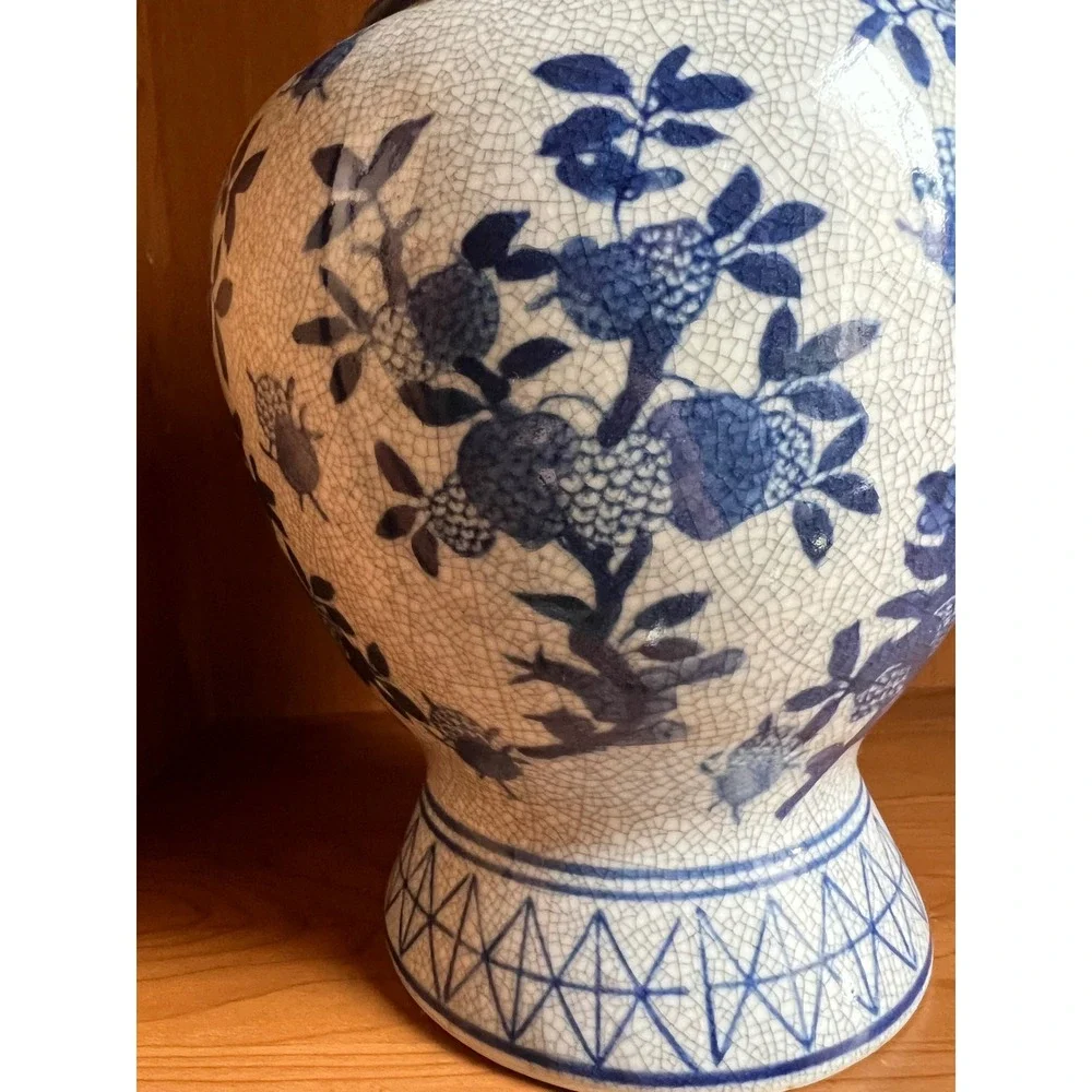 Vintage Blue and White Crackle Glaze Chinoiserie Ceramic Floral Vase 8 Inch